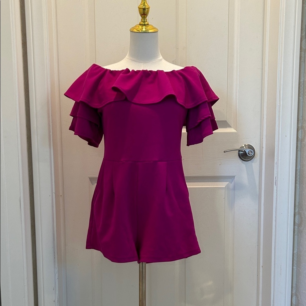 Off-Shoulder Ruffle Romper - Magenta